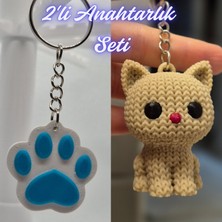 3D Atölye Maker  Açık Mavi Kedi Patisi ve Krem Örgü Desenli Kedi Anahtarlık