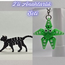 3D Atölye Maker  Siyah Esnek Kedi ve Yeşil Hareketli Deniz Yıldızı Anahtarlık