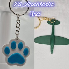 3D Atölye Maker  Açık Mavi Kedi Patisi ve Koyu Yeşil Uçak Anahtarlık