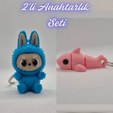 3D Atölye Maker  Açık Mavi Labubu ve Açık Pembe Esnek Köpek Balığı Anahtarlık