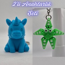 3D Atölye Maker  Mavi Unicorn ve Yeşil Hareketli Deniz Yıldızı Anahtarlık