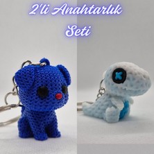 3D Atölye Maker Mavi Örgü Desenli Köpek ve Beyaz Örgü Desen Hareketli Dino Anahtarlık