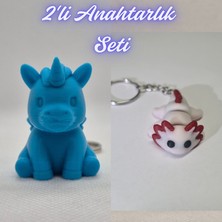 3D Atölye Maker  Mavi Unicorn ve Açık Pembe Esnek Axolot Anahtarlık