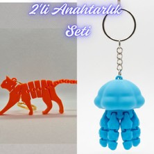 3D Atölye Maker  Turuncu Esnek Kedi ve Açık Mavi Hareketli Deniz Anası Anahtarlık