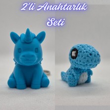 3D Atölye Maker  Mavi Unicorn ve Açık Mavi Örgü Desen Hareketli Dino Anahtarlık