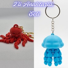 3D Atölye Maker  Pembe Ahtapot  ve Açık Mavi Hareketli Deniz Anası Anahtarlık