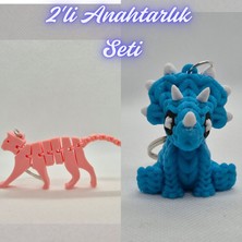 3D Atölye Maker  Açık Pembe Esnek Kedi ve Açık Mavi Örgü Desen Triceratops Anahtarlık