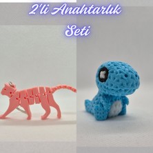 3D Atölye Maker  Açık Pembe Esnek Kedi ve Açık Mavi Örgü Desen Hareketli Dino Anahtarlık