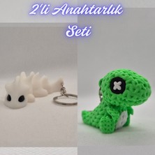 3D Atölye Maker  Beyaz Esnek Ejder ve Yeşil Örgü Desen Hareketli Dino Anahtarlık