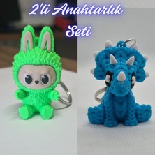 3D Atölye Maker  Yeşil Labubu ve Açık Mavi Örgü Desen Triceratops Anahtarlık