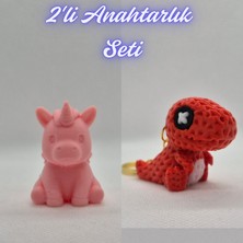 3D Atölye Maker  Açık Pembe Unicorn ve Kırmızı Örgü Desen Hareketli Dino Anahtarlık