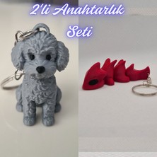 3D Atölye Maker  Gümüş Poddle Köpek ve Kırmızı Esnek Ejder Anahtarlık