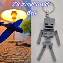 3D Atölye Maker  Mavi Uçak ve Gümüş MineCraft Skeleton Anahtarlık