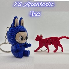3D Atölye Maker  Mavi Labubu ve Kırmızı Esnek Kedi Anahtarlık