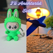 3D Atölye Maker  Yeşil Labubu ve Mavi Uçak Anahtarlık