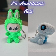 3D Atölye Maker  Yeşil Labubu ve Beyaz Örgü Desen Hareketli Dino Anahtarlık