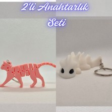 3D Atölye Maker  Açık Pembe Esnek Kedi ve Beyaz Esnek Ejder Anahtarlık