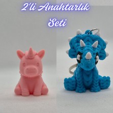 3D Atölye Maker  Açık Pembe Unicorn ve Açık Mavi Örgü Desen Triceratops Anahtarlık