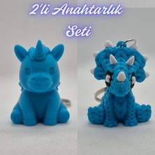 3D Atölye Maker  Mavi Unicorn ve Açık Mavi Örgü Desen Triceratops Anahtarlık