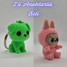 3D Atölye Maker  Açık Yeşil Örgü Desenli Köpek ve Açık Pembe Labubu Anahtarlık