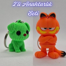3D Atölye Maker Açık Yeşil Örgü Desenli Köpek ve Mavi Garfield Anahtarlık
