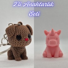 3D Atölye Maker  Koyu Kahverengi Örgü Desenli Köpek ve Açık Pembe Unicorn Anahtarlık