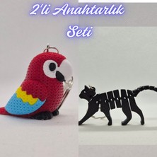 3D Atölye Maker  Kırmızı Örgü Desen Papağan ve Siyah Esnek Kedi Anahtarlık