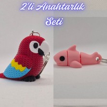 3D Atölye Maker  Kırmızı Örgü Desen Papağan ve Açık Pembe Esnek Köpek Balığı Anahtarlık