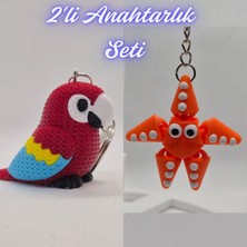 3D Atölye Maker  Kırmızı Örgü Desen Papağan ve Turuncu Hareketli Deniz Yıldızı Anahtarlık