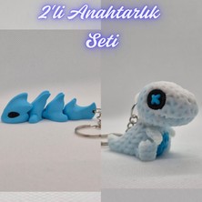 3D Atölye Maker  Açık Mavi Esnek Ejder ve Beyaz Örgü Desen Hareketli Dino Anahtarlık
