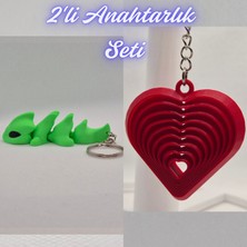 3D Atölye Maker  Yeşil Esnek Ejder ve Kırmızı Hareketli Kalp Anahtarlık
