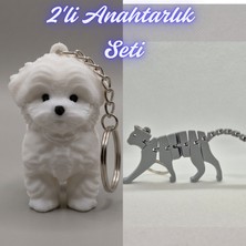 3D Atölye Maker  Beyaz Maltase Terrier ve Gümüş Esnek Kedi Anahtarlık