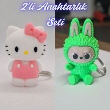 3D Atölye Maker  Beyaz Hello Kitty ve Yeşil Labubu Anahtarlık