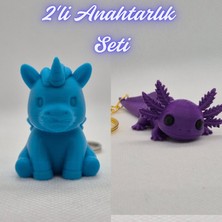 3D Atölye Maker  Mavi Unicorn ve Mor Esnek Büyük Axolot Anahtarlık