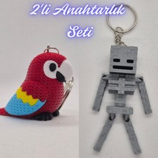 3D Atölye Maker  Kırmızı Örgü Desen Papağan ve Gümüş MineCraft Skeleton Anahtarlık