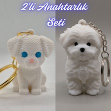 3D Atölye Maker  Beyaz Örgü Desen Köpek-2 ve Beyaz Maltase Terrier Anahtarlık