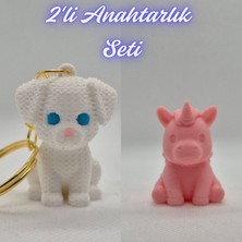 3D Atölye Maker  Beyaz Örgü Desen Köpek-2 ve Açık Pembe Unicorn Anahtarlık
