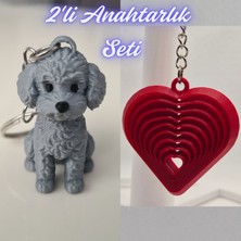 3D Atölye Maker  Gümüş Poddle Köpek ve Kırmızı Hareketli Kalp Anahtarlık