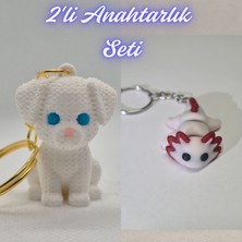 3D Atölye Maker  Beyaz Örgü Desen Köpek-2 ve Açık Pembe Esnek Axolot Anahtarlık
