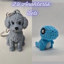 3D Atölye Maker  Gümüş Poddle Köpek ve Açık Mavi Örgü Desen Hareketli Dino Anahtarlık