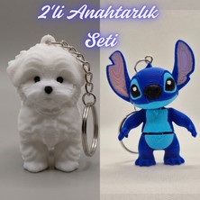 3D Atölye Maker  Beyaz Maltase Terrier ve Mavi Esnek Stitch Anahtarlık