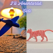 3D Atölye Maker  Mavi Uçak ve Açık Pembe Esnek Kedi Anahtarlık