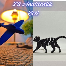 3D Atölye Maker  Mavi Uçak ve Siyah Esnek Kedi Anahtarlık