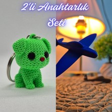 3D Atölye Maker  Açık Yeşil Örgü Desenli Köpek ve Mavi Uçak Anahtarlık