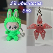 3D Atölye Maker  Yeşil Labubu ve Pembe Hareketli Deniz Yıldızı Anahtarlık