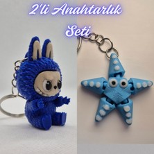 3D Atölye Maker  Mavi Labubu ve Açık Mavi Hareketli Deniz Yıldızı Anahtarlık