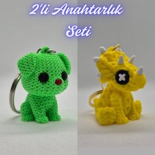 3D Atölye Maker Açık Yeşil Örgü Desenli Köpek ve Sarı Örgü Desen Triceratops Anahtarlık