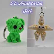 3D Atölye Maker  Açık Yeşil Örgü Desenli Köpek ve Açık Sarı Hareketli Deniz Yıldızı Anahtarlık