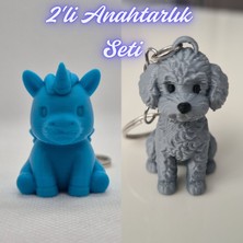 3D Atölye Maker  Mavi Unicorn ve Gümüş Poddle Köpek Anahtarlık