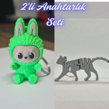 3D Atölye Maker  Yeşil Labubu ve Gümüş Esnek Kedi Anahtarlık